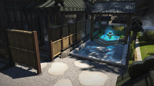 Beside the outdoor onsen, the estate features a miniature aetheryte for quick and easy return.