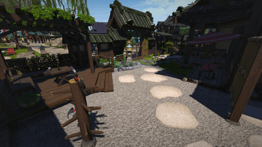 The front yard features a few small areas to gather and rest, as well as a dummy for practicing your routines.